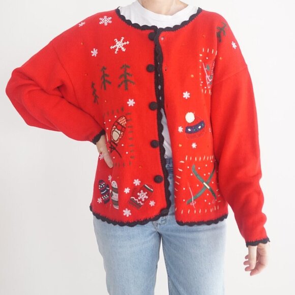 Vtg Basic Holiday Editions Red Embroidered Winter Button Up Cardigan Sweater L - Picture 1 of 12